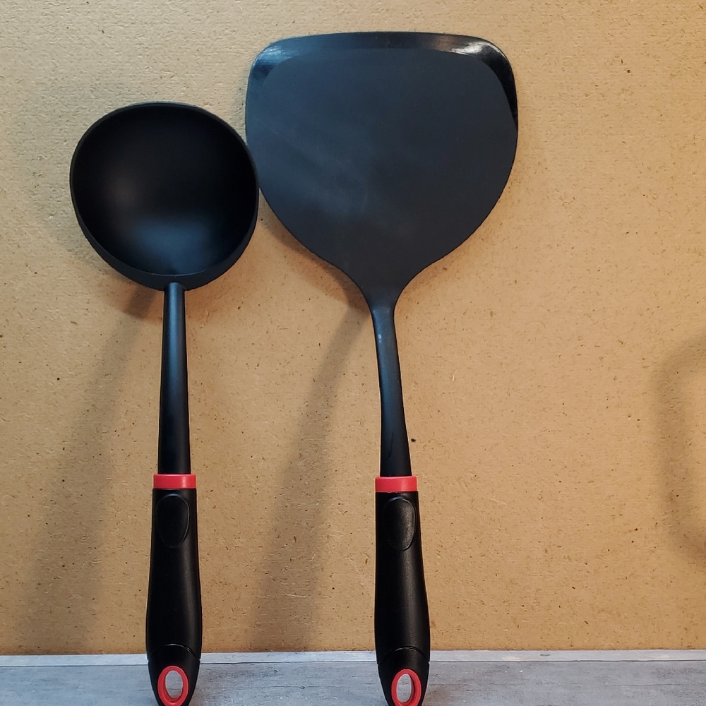 Black Silicone Ladle and Spatula Set with Red Accents